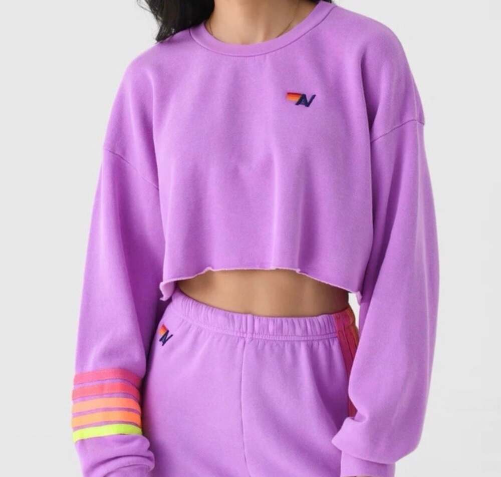 Aviator Nation Rugby Stitch Cropped Crew Sweatshirt Purple & Neon